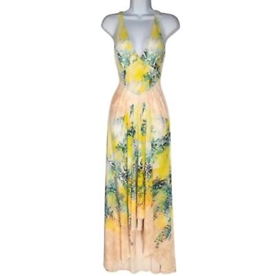 #ad $250 BEBE Yellow Blue Floral Print Animal Print Drape Sleeveless Maxi Dress XS $85.49