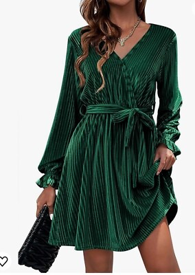 #ad Hotouch L Green Ribbed Party Dress Long Sleeve VNeck Belt Ribbed Velvet $34.76