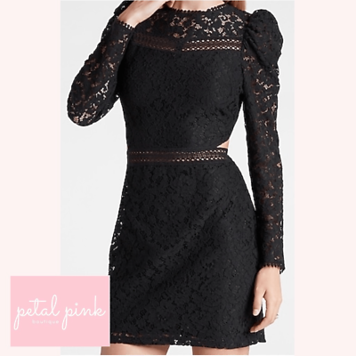 #ad NWOT SIZE MED EXPRESS Black Lace Puff Sleeve SideCutout Party Dress $42.00