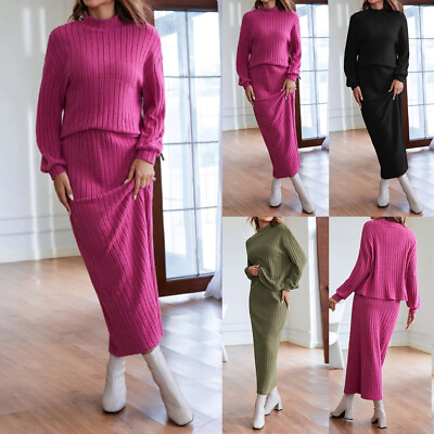 #ad 2PCS Women Knitted Slim Dress Ladies Long Sleeve Tops Skirt Set Solid Dresses $25.49