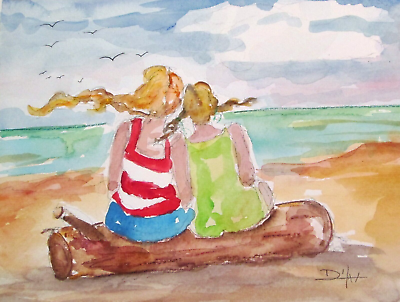 #ad #ad Delilah Art watercolor collectible original impressionism girls beach seascape $125.00