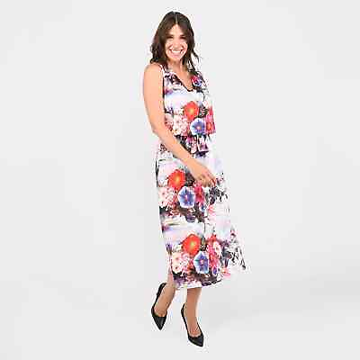 #ad TAMSY White Polyester Flower Pattern Sleeveless Maxi Dress with Waist Tie L $69.80