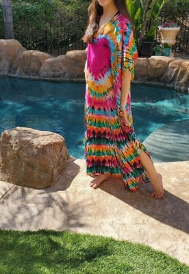 #ad Maya Antonia PLUS Maxi Dress Kaftan Kimono Heart Tie Dye Print Pink Green Boho $49.00