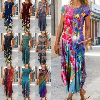 #ad Ladies Long Dress Short Sleeve Maxi Dresses Women Bohemian Travel Crew Neck $26.81