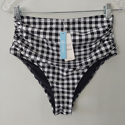 #ad Cupshe High Waisted Bikini Swimsuit Bottoms Large Black White Gingham pattern $15.00