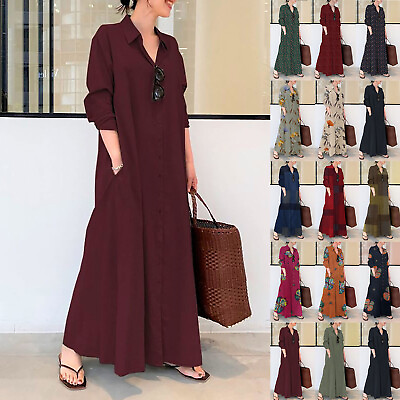 #ad Ladies Loose Long Sleeve Printed Cotton Long Maxi Soild Dress With Pockets $21.11