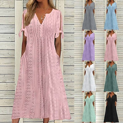 #ad Womens Maxi Dresses Summer Plus Size V Neck Floral Hollow Out Casual Loose Dress $27.58