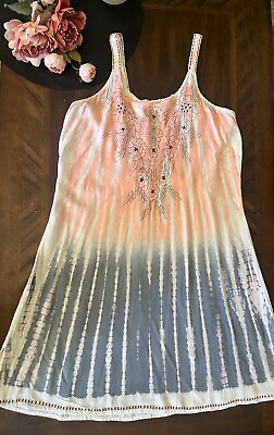 #ad Raya Sun Size M Pink Blue Boho Beachy Embroidered Tie Dye Sundress Coverup $15.99