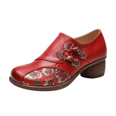#ad Retro Print Boho Shoes on Heels Red Woman Pumps Leather Medium Heels Pumps Shoes $38.99