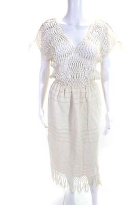 Jaline Womens Open Knit V Neck Sun Dress White Organic Cotton Size Medium $42.69