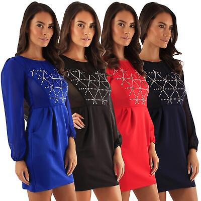 #ad Womens Mini Dress Branded Long Sleeve Party Dresses Ladies Round Neck Casual Top GBP 8.09