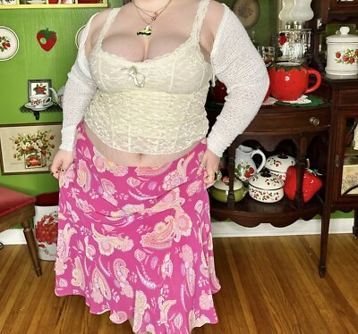 #ad Y2k Fairycore Boho Pink amp; Orange Paisley Floral Print Chaps Midi Skirt Size XL $24.00