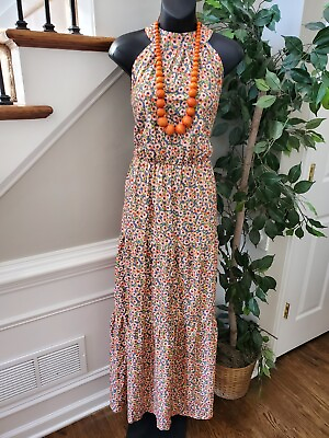 #ad Camisa Women#x27;s Orange Floral Polyester Halter Neck Sleeveless Long Maxi Dress XL $28.00