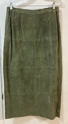 #ad Vtg SUSAN BRISTOL 100% Suede Leather Olive Green Pencil Skirt Long Lined 14 $39.99