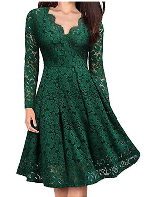 Womens Long Sleeves Party Ball Gown Floral Lace V Neck Slim Fit Christmas Dress $35.89