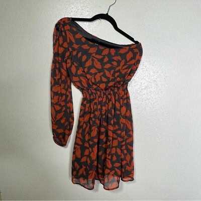 #ad Forever 21 One Shoulder Cocktail Dress Long Sleeve Gray and Orange Printed Small $18.00