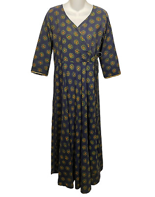 #ad Long Floral Dress Size Small Dark Blue Boho Cotton Faux Wrap Bohemian Maxi S $89.00