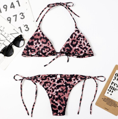#ad NWT Boutique Pink Brown Tiny Bikini S M L $39.99