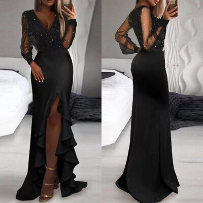 #ad Womens Sequin Split Lace V Neck Maxi Dresses Long Sleeve Evening Cocktail Dress $38.39