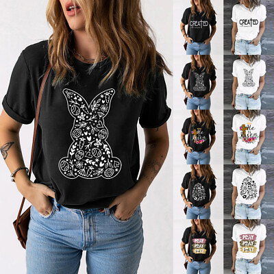 #ad Women Rabbit Print T Shirt Short Sleeve Easter Bunny Novelty Party Tops Blouse $16.29