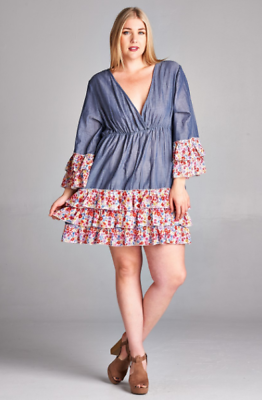 #ad Cute Plus Size Pleated Chambray BoHo Gypsie Mini Dress Tunic 1X 2X $49.95