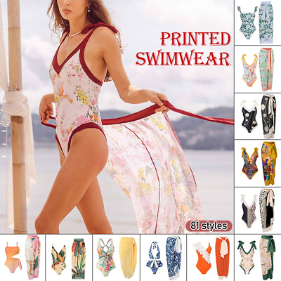 #ad Retro Swimsuit Skirt Shoulder Strappy Swimsuit Print Floral Flounce Swimwear. $25.90