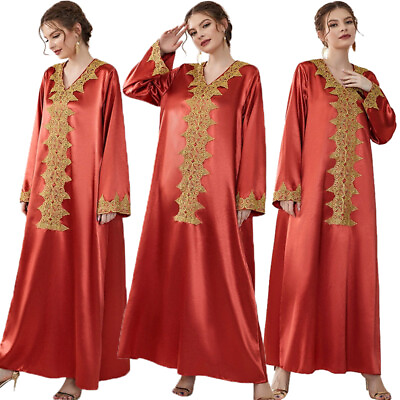 #ad Muslim Lace Kaftan Women Long Sleeve Maxi Dress Abaya Dubai Caftan Evening Gown $35.67