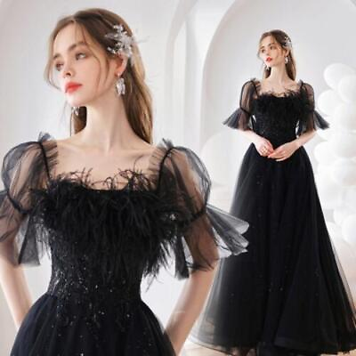 Trendy Black Feather Short Sleeve Tulle Evening Dresses Cocktail Party Prom Gown $108.99