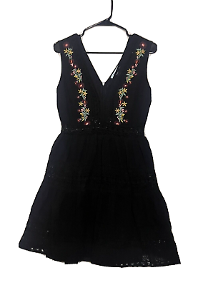 #ad She Sky Black Boho Dress Sleeveless Embroidery Short Summer Dress Lined $23.99