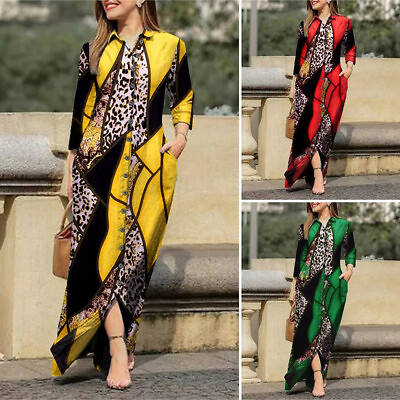 #ad Women#x27;s Long Sleeve Boho Print Maxi Shirt Dress Ladies Casual Loose Long Dresses $29.09