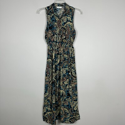 #ad Seven Islands Teal Beige Floral Paisley Midi Boho Dress Size Large V Neck Button $16.20