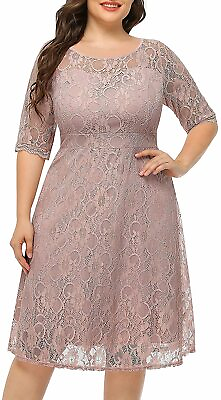 #ad Women#x27;s Plus Size Lace Scooped Neckline Half Sleeve Cocktail Wedding Midi Dress $111.70