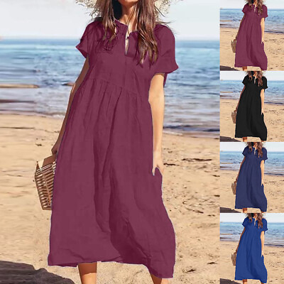 #ad Ladies Summer V Neck Holiday Midi Dress Women Short Sleeve Party Long Maxi Dress $23.29