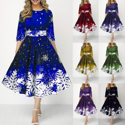#ad Womens Ladies Christmas Xmas Snowflake PRINTED Party Dress Dresses Plus Size $33.45
