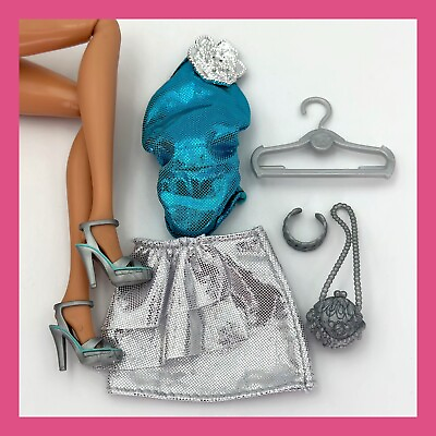 #ad ❤️Fashionistas Barbie Doll Sexy Shiny Teal Top Silver Mini Skirt Heels Purse❤️ $18.98