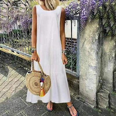 #ad Womens Sleeveless A Line Pullover Solid Round Neck Casual Long Dress Beach US $22.99