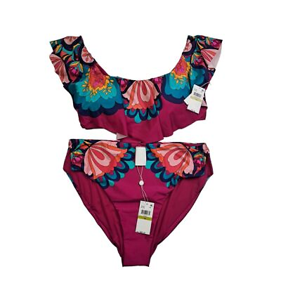 #ad #ad Trina Turk Medallion Two Piece Swim Set Womens 8 Bandeau Bikini Beach Tropical $88.98