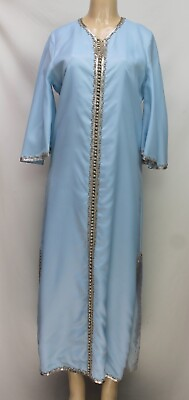 #ad Vintage Handmade Moroccan Women#x27;s Kaftan Maxi Dress 3 4 Sleeve Blue Size M $35.00