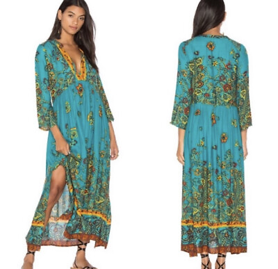 Free People If You Only Knew Blue green long sleeve maxi dress Floral size Small $39.99