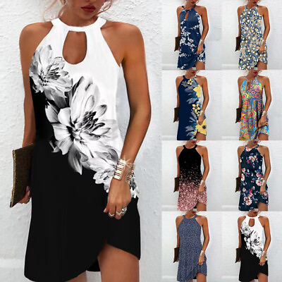 #ad Womens Halter Sleeveless Mini Dress Laidies Floral Boho Summer Party Sun Dresses $19.59