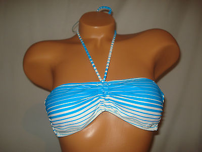 Op Swimsuit Swim Bikini Top Bandeau Blue White Stripe Tie Up String Halter $14.99