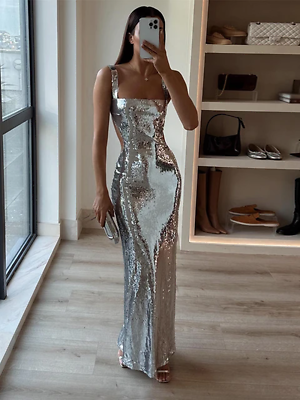 #ad Sexy Sling Backless Hollow Out Silver Maxi Dresses Women Fashion High Waist Body $59.36