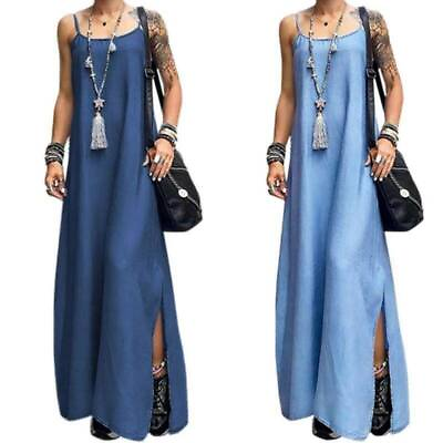 #ad Womens Summer Sleeveless Denim Long Maxi Dress Holiday Casual Dresses Plus Size $24.56