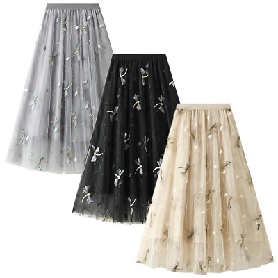 #ad Women#x27;s Embroidered Ruffle Mesh Tutu Skirt Sheer Tulle Pleated Long Maxi Dresses $29.89