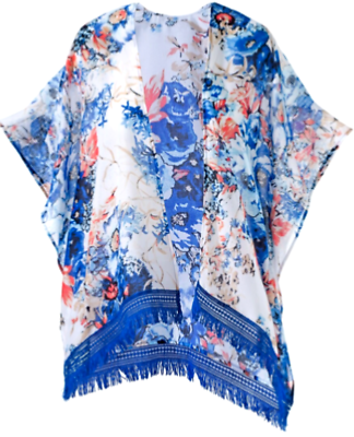#ad Chicos Floral Ruana Kimono Wrap Size S M Fringe Topper Boho Cardigan White Blue $19.88