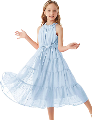 #ad Girls Halter Neck Sleeveless Casual A Line Flowy Maxi Dress for 5 12 Years $56.38