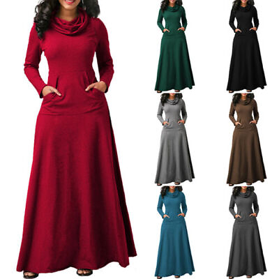 #ad Womens Autumn Maxi Dress Ladies Long Sleeve High Neck Cocktail Dress Plus Size❀ $17.86