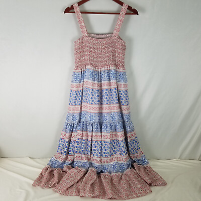 #ad Womens Boho Dress Medium Casual Chic Maxi Multicolor Smocked Sleeveless Lined $20.00