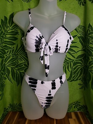 #ad Allover Print Thong Bikini Swimsuit Size Small Black and White $8.99