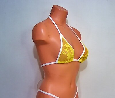 #ad Yellow Flower Sheer Lace Mesh Adjustible Back Tie Bikini Top Lingerie Sunwear $7.20